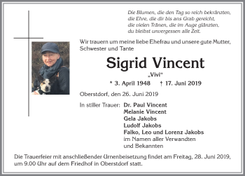 Traueranzeige von Sigrid Vincent von Allgäuer Anzeigeblatt
