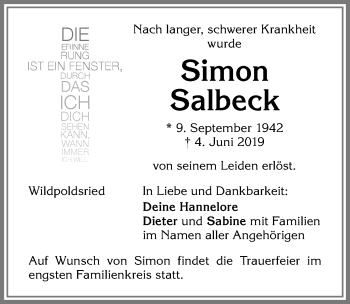 Traueranzeige von Simon Salbeck von Allgäuer Zeitung,Kempten