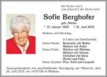 Traueranzeige von Sofie Berghofer von Allgäuer Zeitung,Kempten