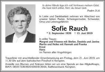 Traueranzeige von Sofie Rauch von Allgäuer Zeitung,Kempten