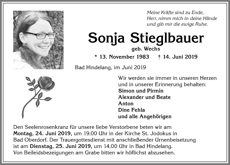  Traueranzeige für Sonja Stieglbauer vom 18.06.2019 aus Allgäuer Anzeigeblatt