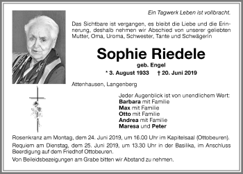 Traueranzeige von Sophie Riedele von Memminger Zeitung