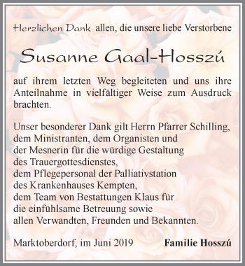 Traueranzeige von Susanne Gaal-Hosszú von Allgäuer Zeitung, Marktoberdorf