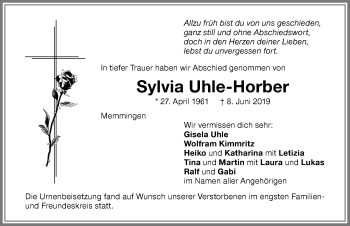 Traueranzeige von Sylvia Uhle-Horber von Memminger Zeitung