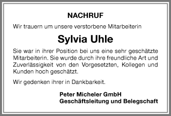 Traueranzeige von Sylvia Uhle von Memminger Zeitung