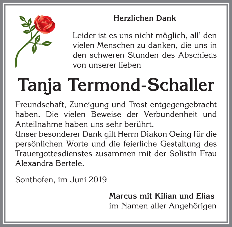  Traueranzeige für Tanja Termond-Schaller vom 26.06.2019 aus Allgäuer Anzeigeblatt