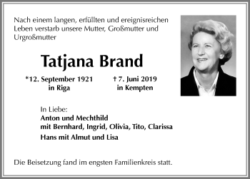 Traueranzeige von Tatjana Brand von Allgäuer Zeitung