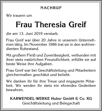 Traueranzeige von Theresia Greif von Allgäuer Zeitung, Kaufbeuren/Buchloe