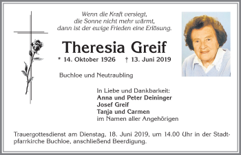 Traueranzeige von Theresia Greif von Allgäuer Zeitung, Kaufbeuren/Buchloe