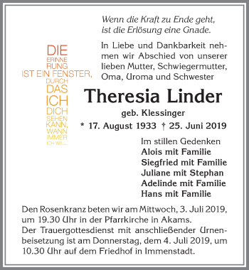 Traueranzeige von Theresia Linder von Allgäuer Anzeigeblatt