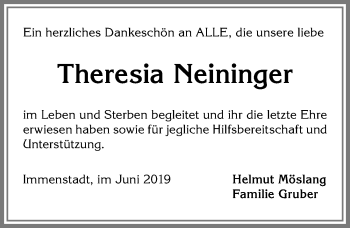 Traueranzeige von Theresia Neininger von Allgäuer Anzeigeblatt