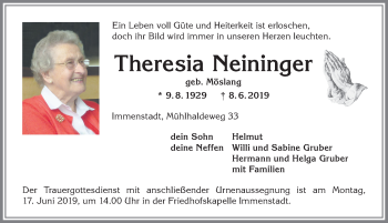 Traueranzeige von Theresia Neininger von Allgäuer Anzeigeblatt