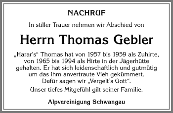 Traueranzeige von Thomas Gebler von Allgäuer Zeitung, Füssen