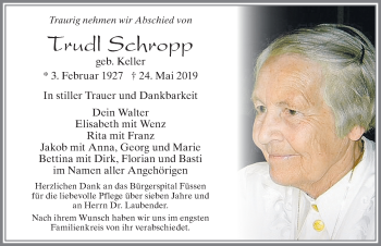 Traueranzeige von Trudl Schropp von Allgäuer Zeitung, Füssen
