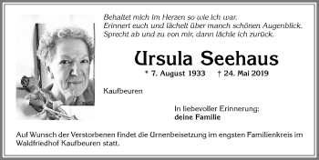 Traueranzeige von Ursula Seehaus von Allgäuer Zeitung, Kaufbeuren/Buchloe