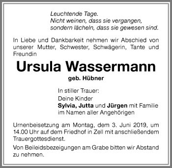 Traueranzeige von Ursula Wassermann von Memminger Zeitung