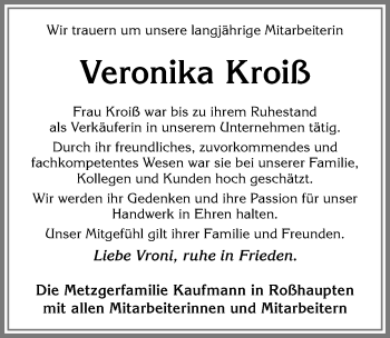 Traueranzeige von Veronika Kroiß von Allgäuer Zeitung, Füssen