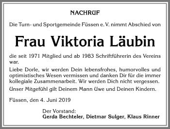 Traueranzeige von Viktoria Läubin von Allgäuer Zeitung, Füssen