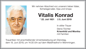 Traueranzeige von Vitalis Konrad von Allgäuer Zeitung