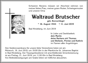 Traueranzeige von Waltraud Brutscher von Allgäuer Anzeigeblatt