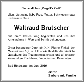 Traueranzeige von Waltraud Brutscher von Allgäuer Anzeigeblatt