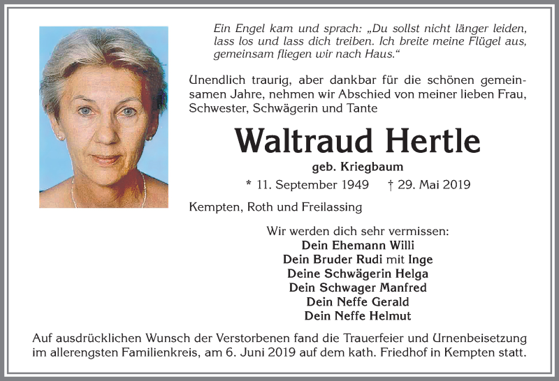  Traueranzeige für Waltraud Hertle vom 08.06.2019 aus Allgäuer Zeitung,Kempten