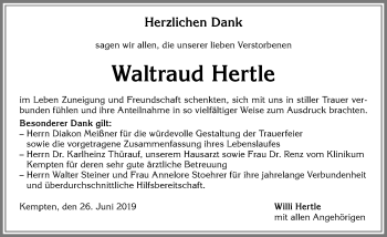 Traueranzeige von Waltraud Hertle von Allgäuer Zeitung,Kempten