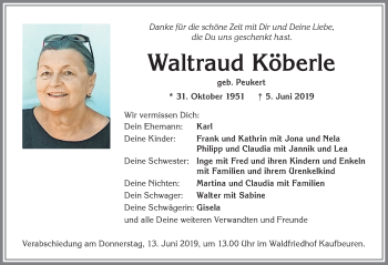 Traueranzeige von Waltraud Köberle von Allgäuer Zeitung, Kaufbeuren/Buchloe