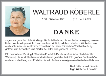Traueranzeige von Waltraud Köberle von Allgäuer Zeitung, Kaufbeuren/Buchloe