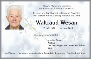 Traueranzeige von Waltraud Wesan von Allgäuer Anzeigeblatt