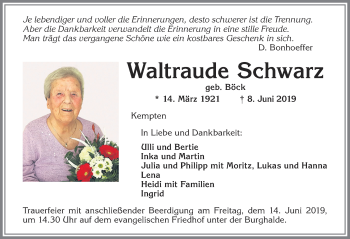 Traueranzeige von Waltraude Schwarz von Allgäuer Zeitung
