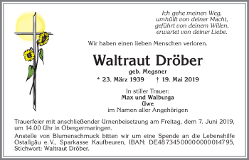 Traueranzeige von Waltraut Dröber von Allgäuer Zeitung, Kaufbeuren/Buchloe