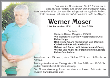Traueranzeige von Werner Moser von Allgäuer Zeitung, Marktoberdorf