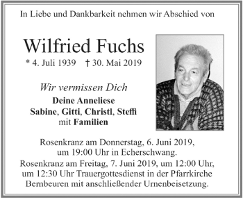 Traueranzeige von Wilfried Fuchs von Allgäuer Zeitung, Füssen