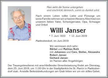 Traueranzeige von Willi Janser von Allgäuer Zeitung, Marktoberdorf