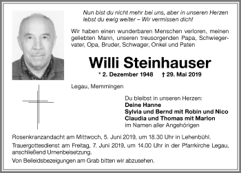 Traueranzeige von Willi Steinhauser von Memminger Zeitung
