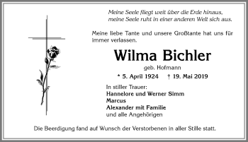 Traueranzeige von Wilma Bichler von Allgäuer Zeitung, Kaufbeuren/Buchloe