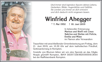Traueranzeige von Winfried Ahegger von Allgäuer Zeitung,Kempten