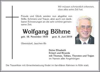 Traueranzeige von Wolfgang Böhme von Allgäuer Anzeigeblatt