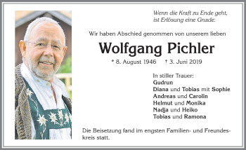 Traueranzeige von Wolfgang Pichler von Allgäuer Zeitung,Kempten