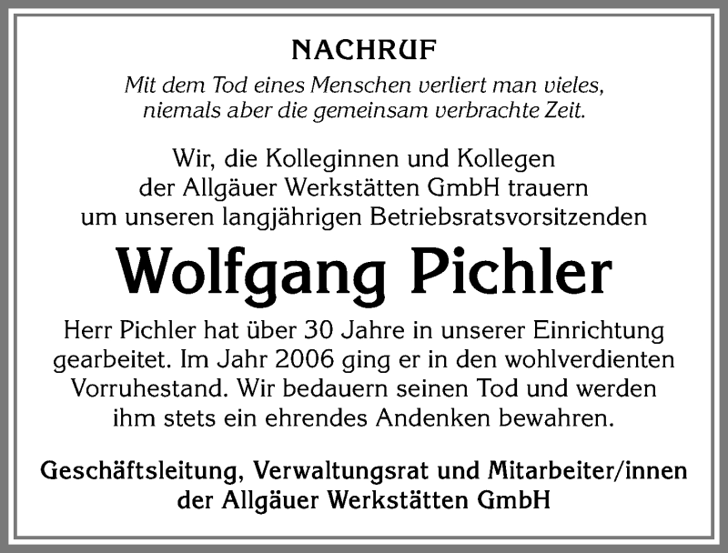  Traueranzeige für Wolfgang Pichler vom 12.06.2019 aus Allgäuer Zeitung,Kempten