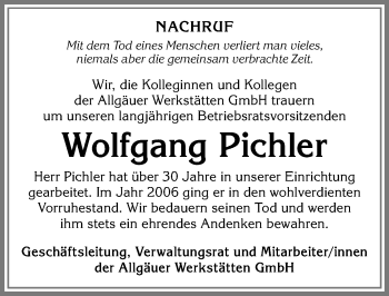 Traueranzeige von Wolfgang Pichler von Allgäuer Zeitung,Kempten