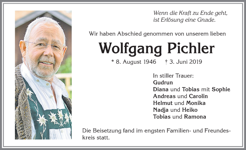  Traueranzeige für Wolfgang Pichler vom 08.06.2019 aus Allgäuer Zeitung,Kempten