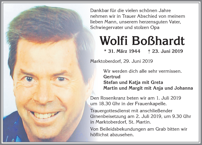  Traueranzeige für Wolfi Boßhardt vom 29.06.2019 aus Allgäuer Zeitung, Marktoberdorf