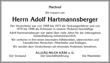 Traueranzeige von Adolf Hartmannsberger von Allgäuer Zeitung,Kempten