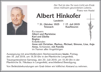 Traueranzeige von Albert Hinkofer von Allgäuer Zeitung, Kaufbeuren/Buchloe