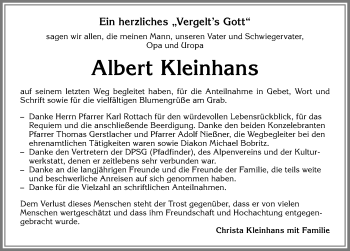 Traueranzeige von Albert Kleinhans von Allgäuer Zeitung, Kaufbeuren/Buchloe