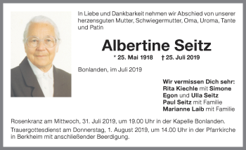 Traueranzeige von Albertine Seitz von Memminger Zeitung