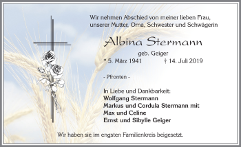 Traueranzeige von Albina Stermann von Allgäuer Zeitung, Füssen