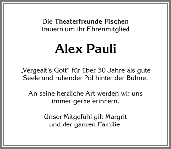 Traueranzeige von Alex Pauli von Allgäuer Anzeigeblatt